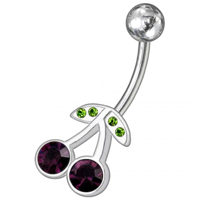 Cherry Jeweled Silver Non-Moving SS Bar Navel Belly Ring - Monster Piercing