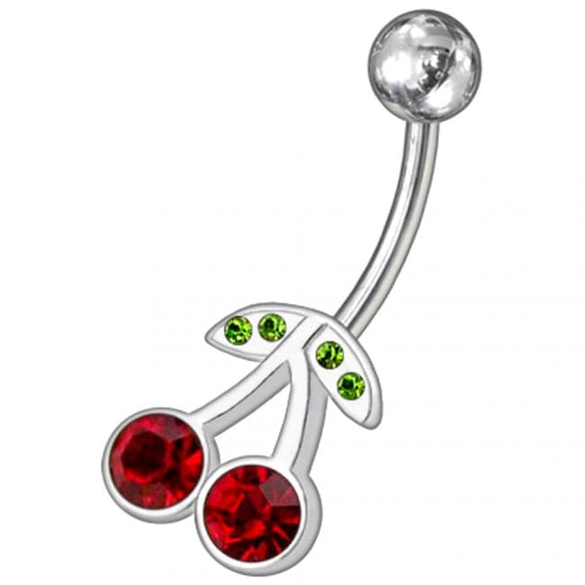 Cherry Jeweled Silver Non-Moving SS Bar Navel Belly Ring - Monster Piercing