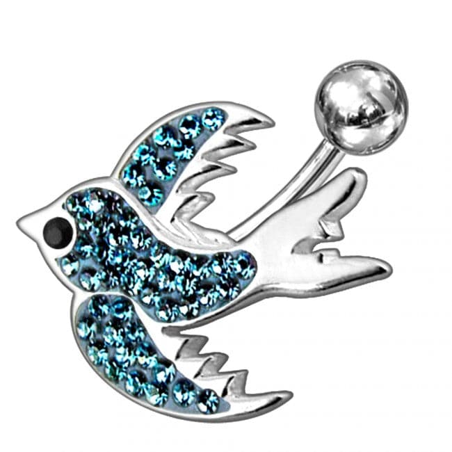 Fancy Jeweled Silver Bird Non-Moving SS Banana Bar Belly Ring - Monster Piercing