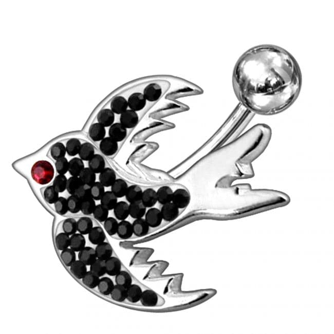 Fancy Jeweled Silver Bird Non-Moving SS Banana Bar Belly Ring - Monster Piercing