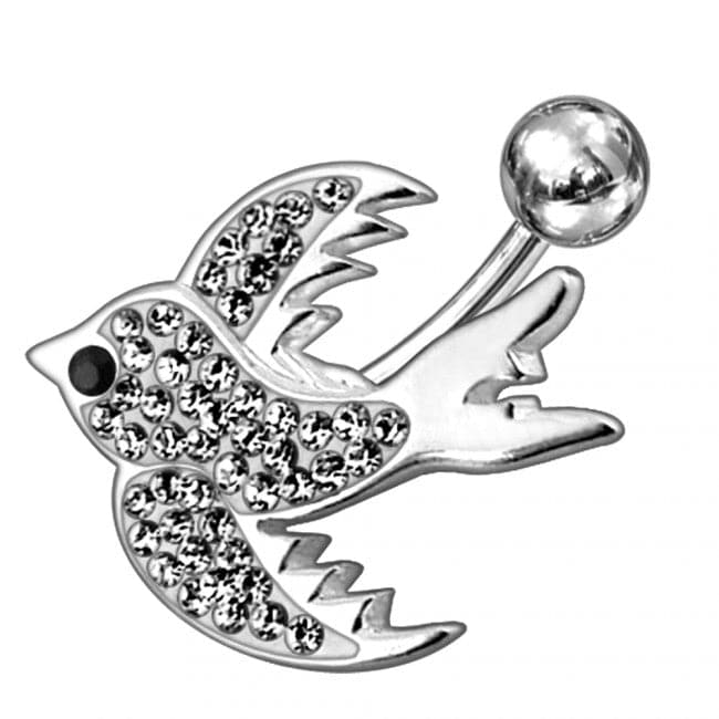 Fancy Jeweled Silver Bird Non-Moving SS Banana Bar Belly Ring - Monster Piercing