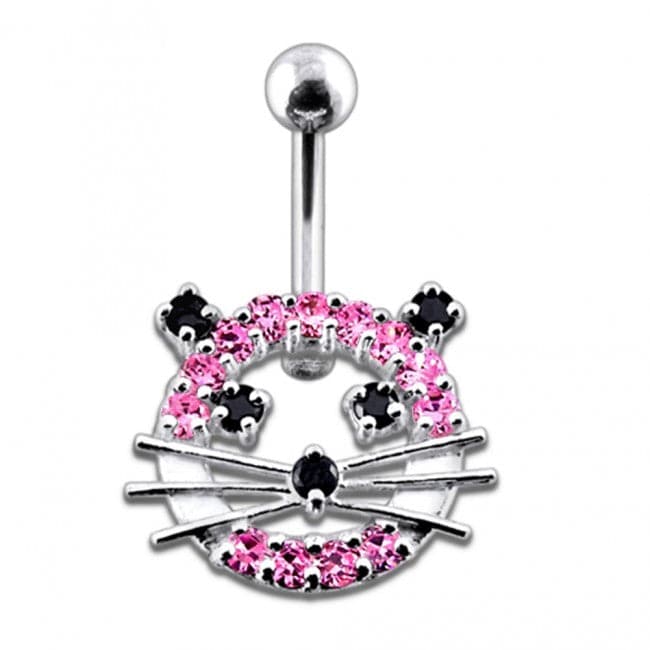 Fancy Jeweled Cat Silver Belly Ring - Monster Piercing