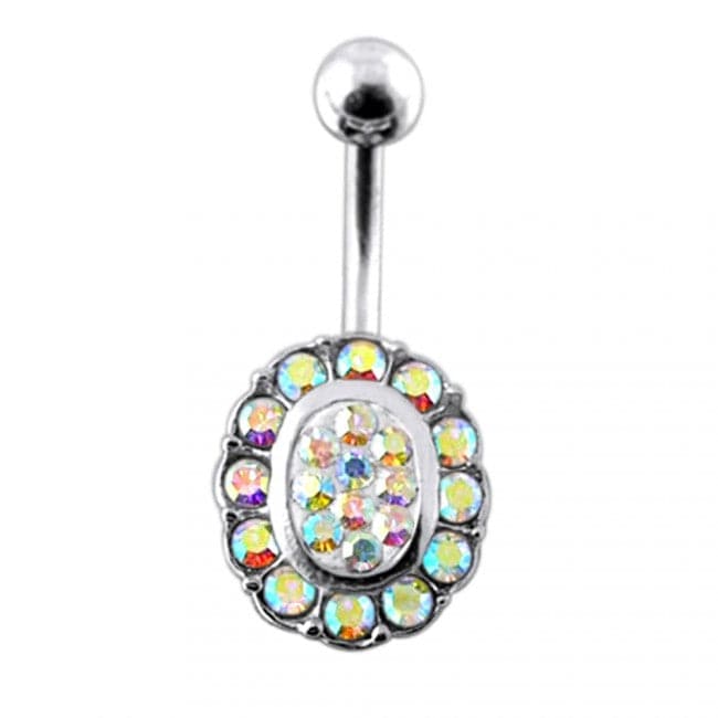 Jeweled Oval Silver Belly Ring - Monster Piercing