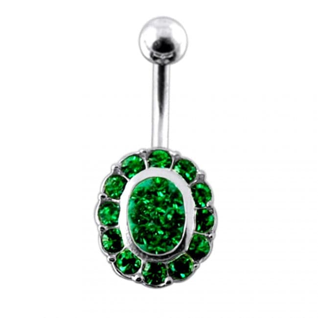 Jeweled Oval Silver Belly Ring - Monster Piercing