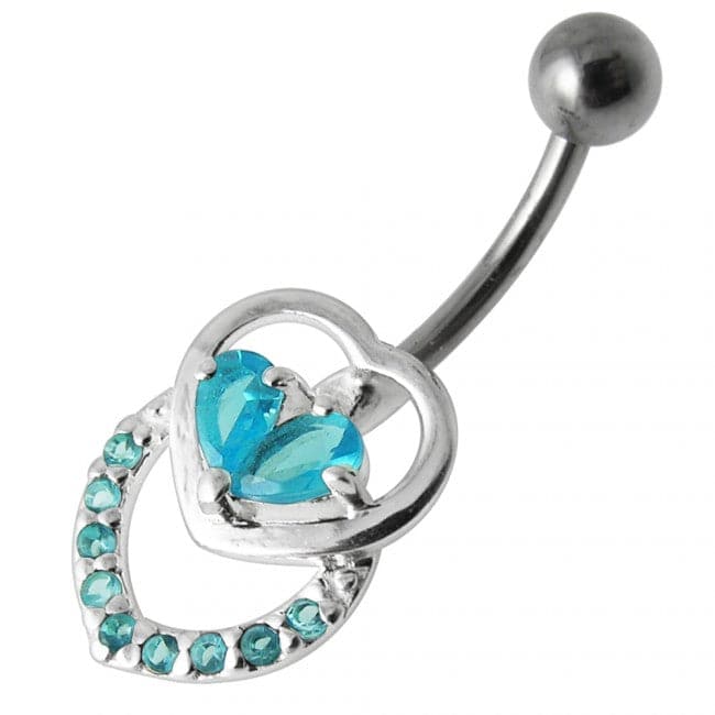 Fancy Jeweled Double Heart Silver Belly Ring - Monster Piercing