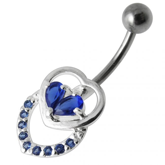 Fancy Jeweled Double Heart Silver Belly Ring - Monster Piercing