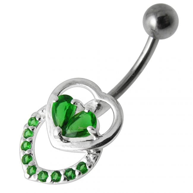 Fancy Jeweled Double Heart Silver Belly Ring - Monster Piercing