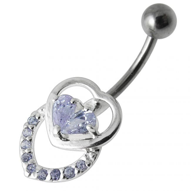 Fancy Jeweled Double Heart Silver Belly Ring - Monster Piercing