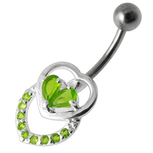 Fancy Jeweled Double Heart Silver Belly Ring - Monster Piercing