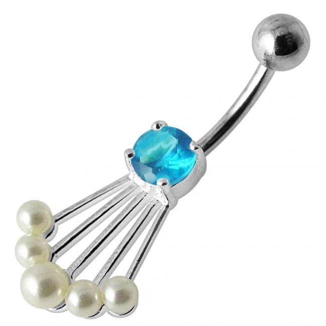 Fancy Jeweled Silver Belly Banana Bar Navel Ring - Monster Piercing