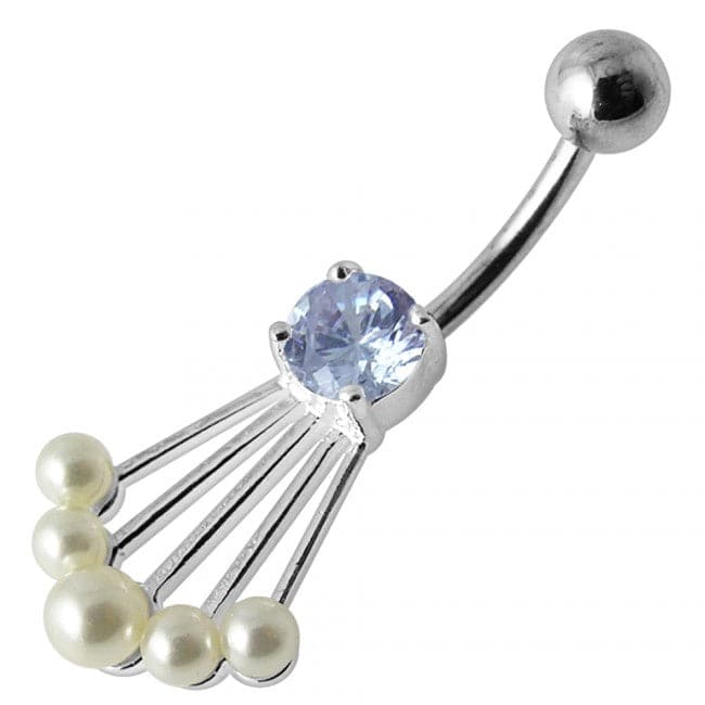 Fancy Jeweled Silver Belly Banana Bar Navel Ring - Monster Piercing