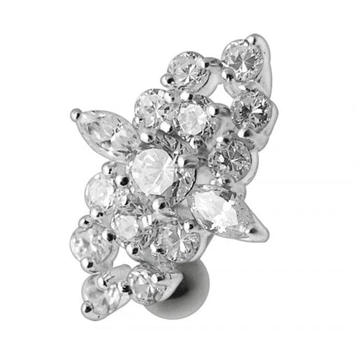 Fancy CZ Cluster Jeweled Silver Belly Banana Bar Navel Ring - Monster Piercing