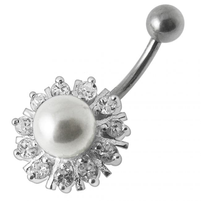 Pearl flower Silver Belly Ring - Monster Piercing