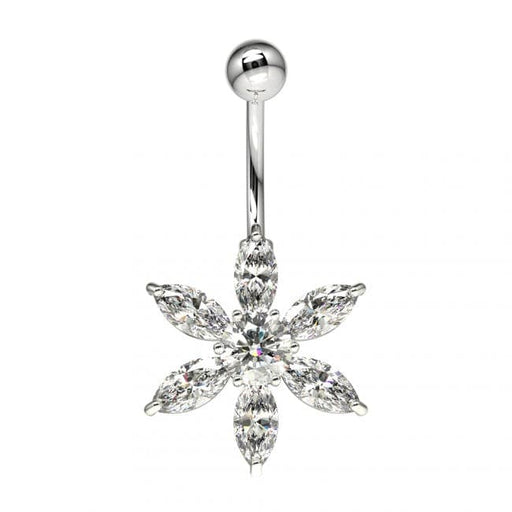 Flower Jeweled Silver Belly Ring - Monster Piercing