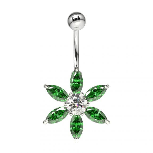 Flower Jeweled Silver Belly Ring - Monster Piercing