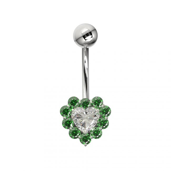 Multi Jeweled Heart Silver Belly Ring - Monster Piercing