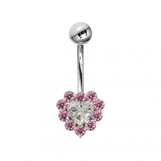 Multi Jeweled Heart Silver Belly Ring - Monster Piercing