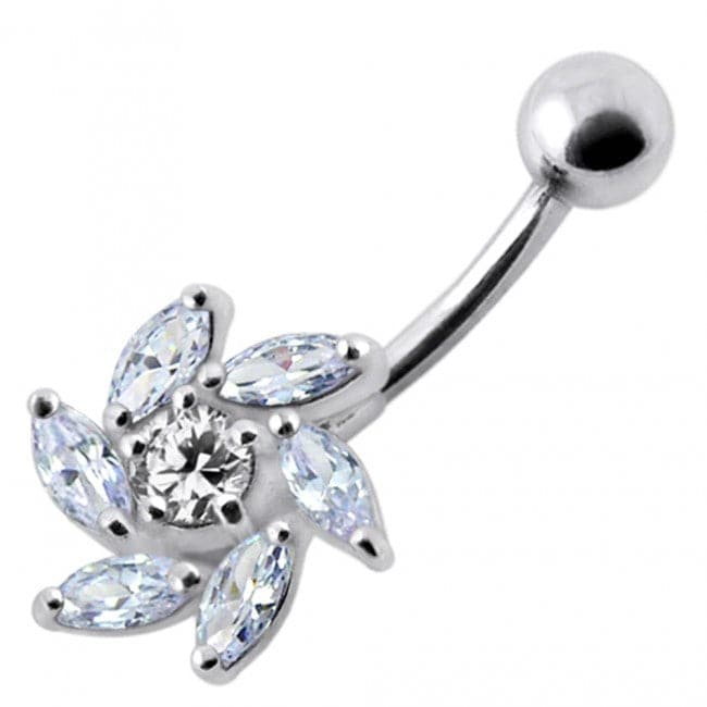 Jeweled Swirl Silver Belly Bar Body Jewelry - Monster Piercing