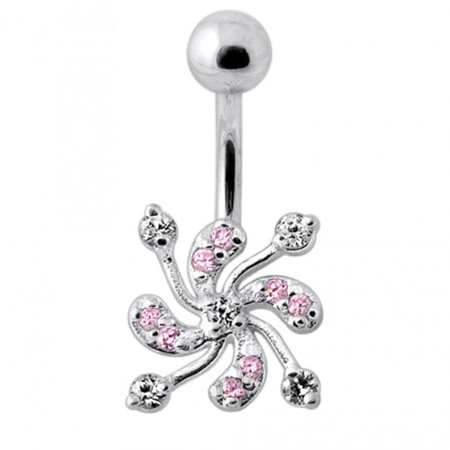 Jeweled Swirl Clover Silver Belly Bar Body Jewelry - Monster Piercing