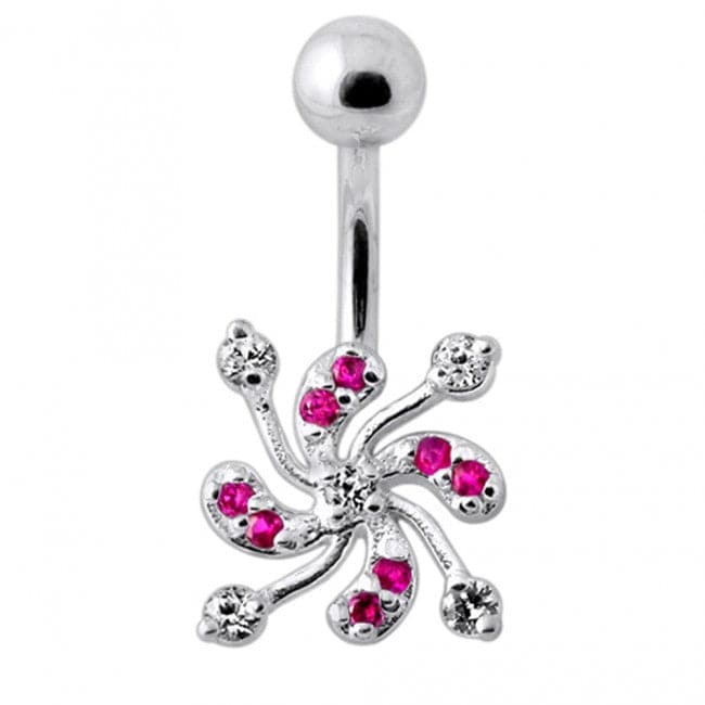 Jeweled Swirl Clover Silver Belly Bar Body Jewelry - Monster Piercing