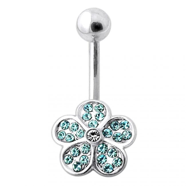 Jeweled 5 Leaf Clover Silver Belly Bar Body Jewelry - Monster Piercing