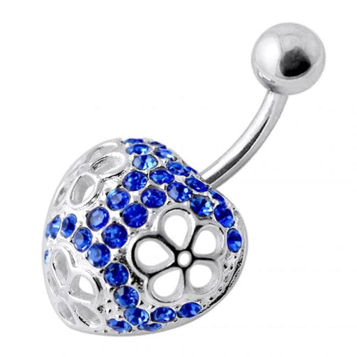 Fancy Jeweled Heart Silver Banana Bar Navel Ring - Monster Piercing