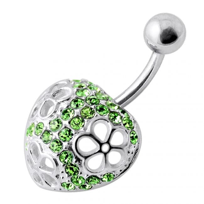 Fancy Jeweled Heart Silver Banana Bar Navel Ring - Monster Piercing