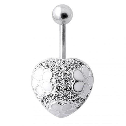 Multi Stones Fancy Heart Silver Banana Bar Belly Ring - Monster Piercing