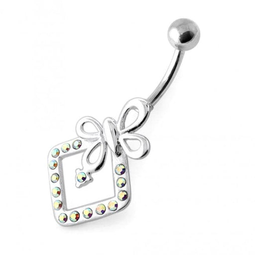 Butterfly Bow in Jeweled Angle Square Navel Bar - Monster Piercing