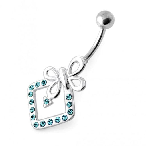 Butterfly Bow in Jeweled Angle Square Navel Bar - Monster Piercing