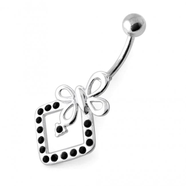 Butterfly Bow in Jeweled Angle Square Navel Bar - Monster Piercing