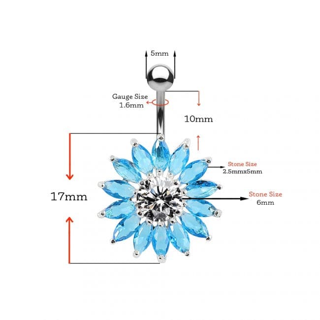 Sterling Silver Jeweled Sunflower Belly Bar Body Jewelry - Monster Piercing