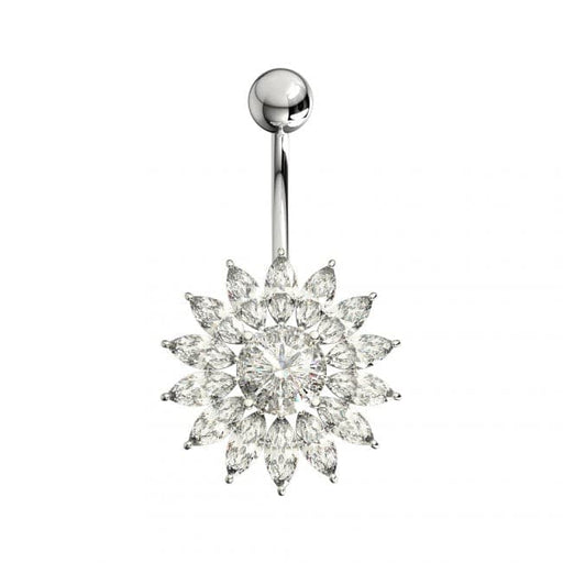 Sterling Silver Jeweled Sunflower Belly Bar Body Jewelry - Monster Piercing