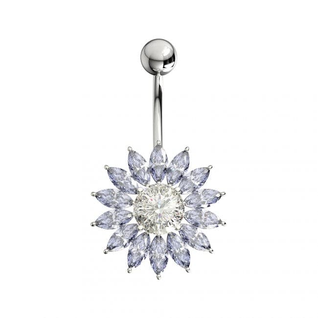 Sterling Silver Jeweled Sunflower Belly Bar Body Jewelry - Monster Piercing