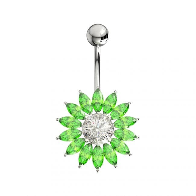 Sterling Silver Jeweled Sunflower Belly Bar Body Jewelry - Monster Piercing