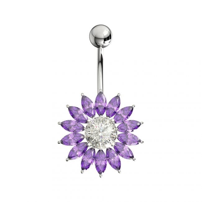 Sterling Silver Jeweled Sunflower Belly Bar Body Jewelry - Monster Piercing