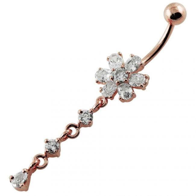 Moving Multi color Stone Flower Curved Bar Belly Ring - Monster Piercing