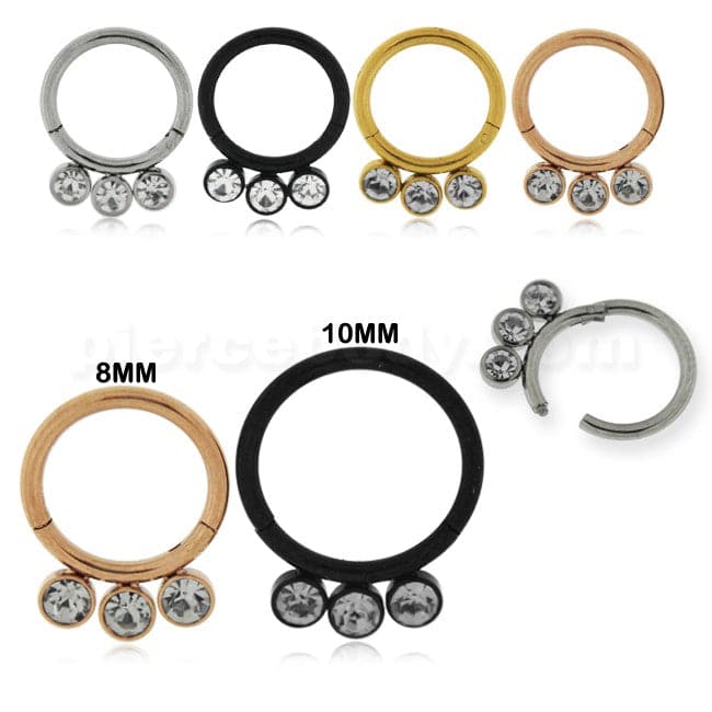 3 CZ Stones in Bezel Set Hinged Segment Clicker Ring - Monster Piercing