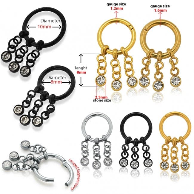 3 CZ Stones Dangling Hinged Segment Clicker Ring - Monster Piercing