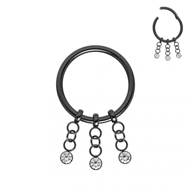 3 CZ Stones Dangling Hinged Segment Clicker Ring - Monster Piercing