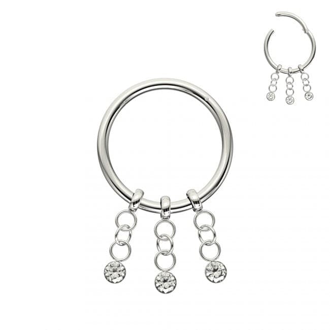 3 CZ Stones Dangling Hinged Segment Clicker Ring - Monster Piercing