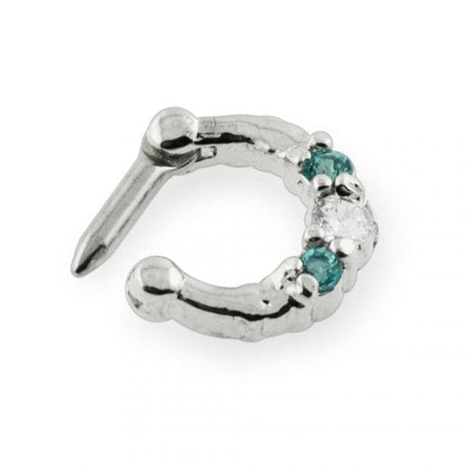 Three Pronged White and Aqua CZs Septum Clicker Ring - Monster Piercing