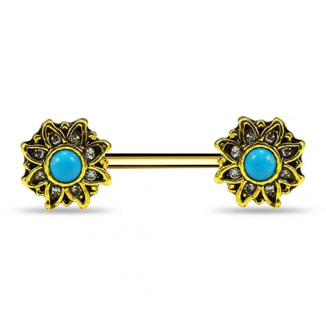 Flower Jewelled Turquoise Bead Nipple Bar - Monster Piercing