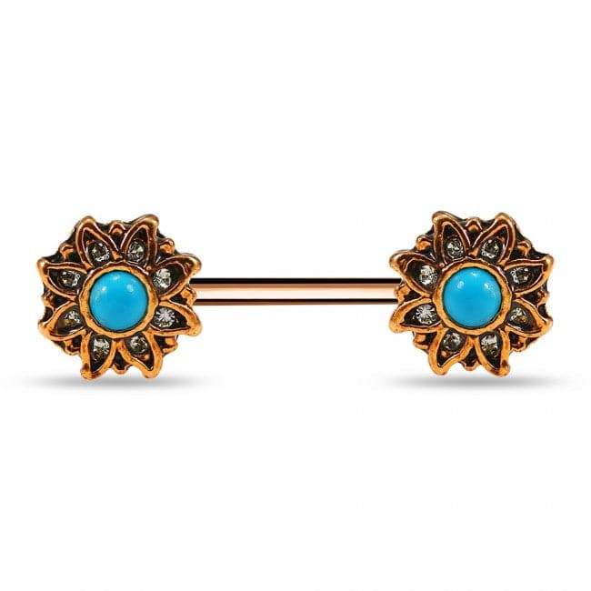 Flower Jewelled Turquoise Bead Nipple Bar - Monster Piercing