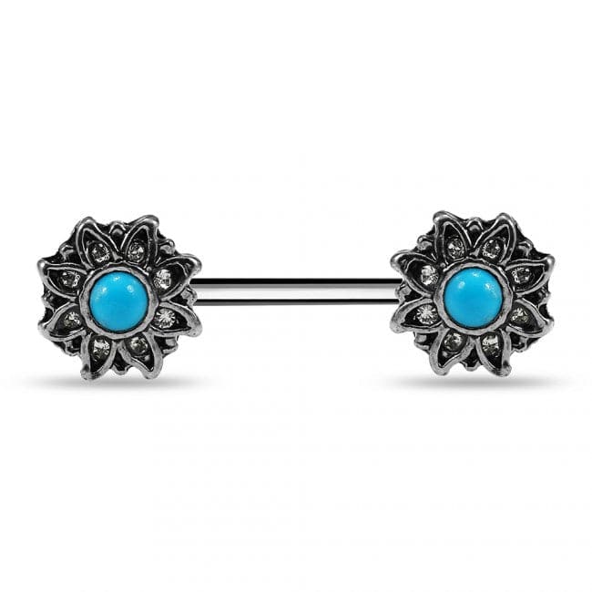 Flower Jewelled Turquoise Bead Nipple Bar - Monster Piercing