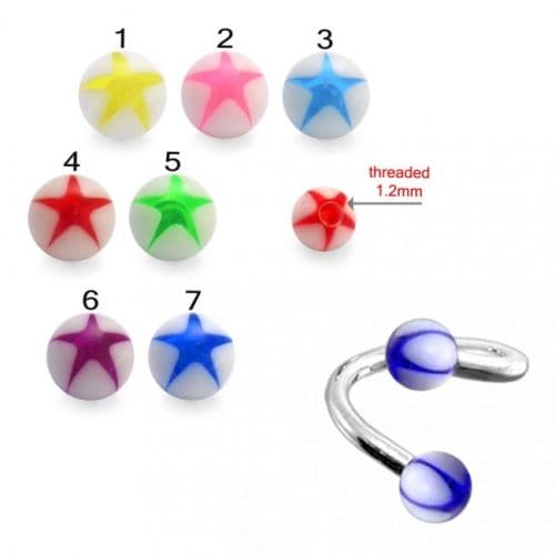 Steel Eyebrow Twisted Barbell with UV Star Printed Balls (Pack of 10) - Monster Piercing