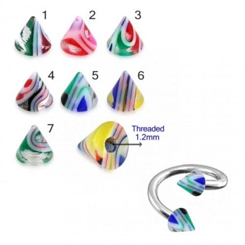 Twisted Barbell with UV Fancy Colourful GloSteely Marble Cone (Pack of 10) - Monster Piercing