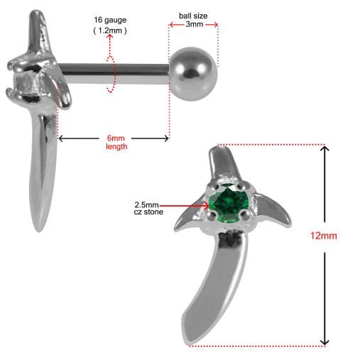 925 Sterling Silver Sword CZ Jewelled Cartilage Tragus Piercing Ear Stud - Monster Piercing