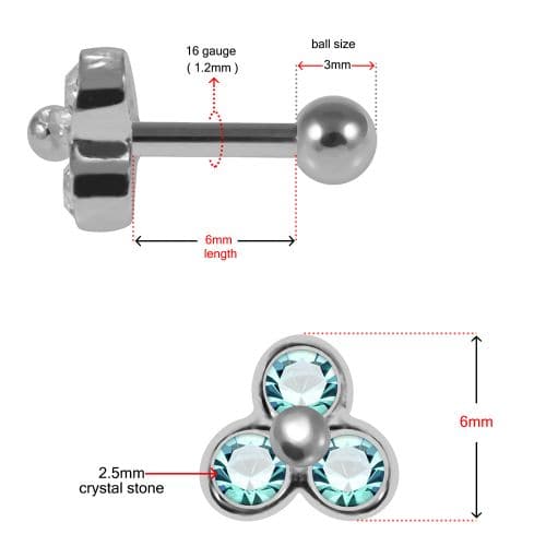 925 Sterling Silver Trinity CZ Jewelled Cartilage Tragus Piercing Ear Stud - Monster Piercing