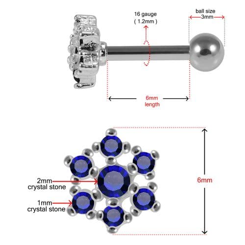 Snowflake CZ Jewelled 925 Sterling Silver Cartilage Tragus Piercing Ear Stud - Monster Piercing